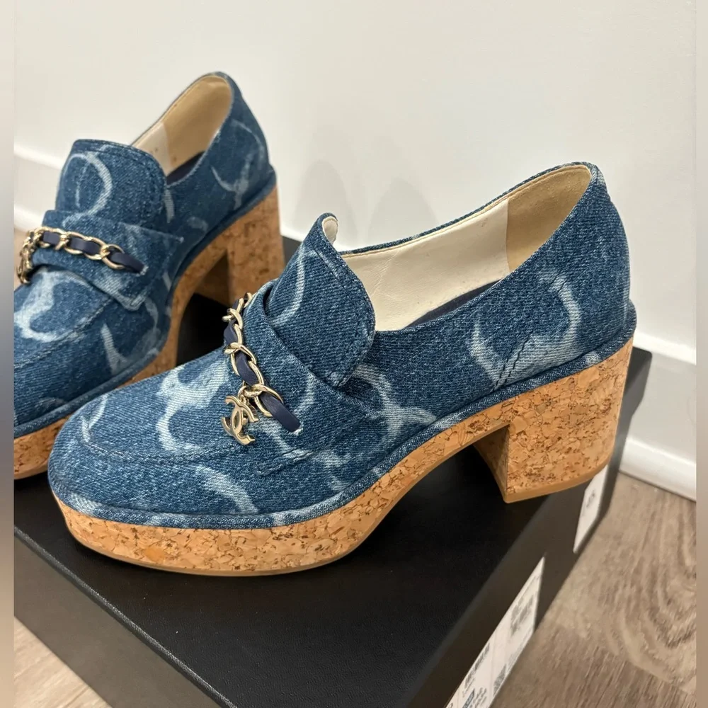 Chanel Denim Cork Loafer Denim Shoes Platform - Picture 3 of 10